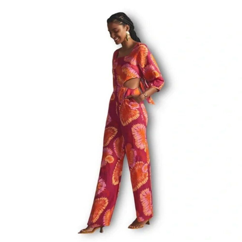 FARM Rio x Anthropologie Tie-Back Cutout wide leg linen blend Jumpsuit Tie dye M - Picture 3 of 7